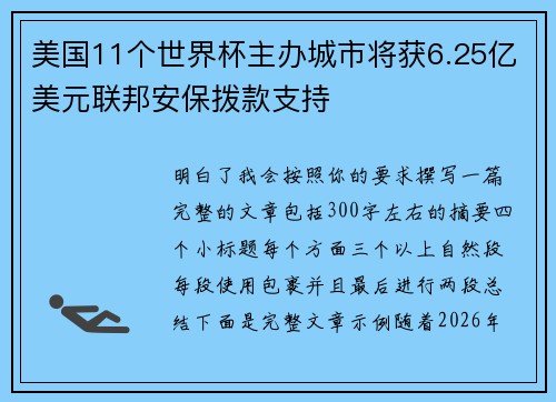 美国11个世界杯主办城市将获6.25亿美元联邦安保拨款支持 美国11个世界杯主办城市将获6.25亿美元联邦安保拨款支持