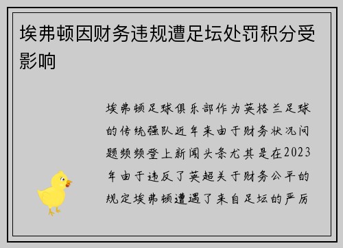 埃弗顿因财务违规遭足坛处罚积分受影响